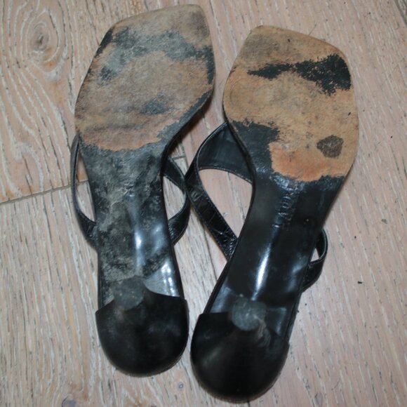 True Vintage 1990s Black Faux Snakeskin Leather Ralph Lauren Sandal Heels - Picture 4 of 5